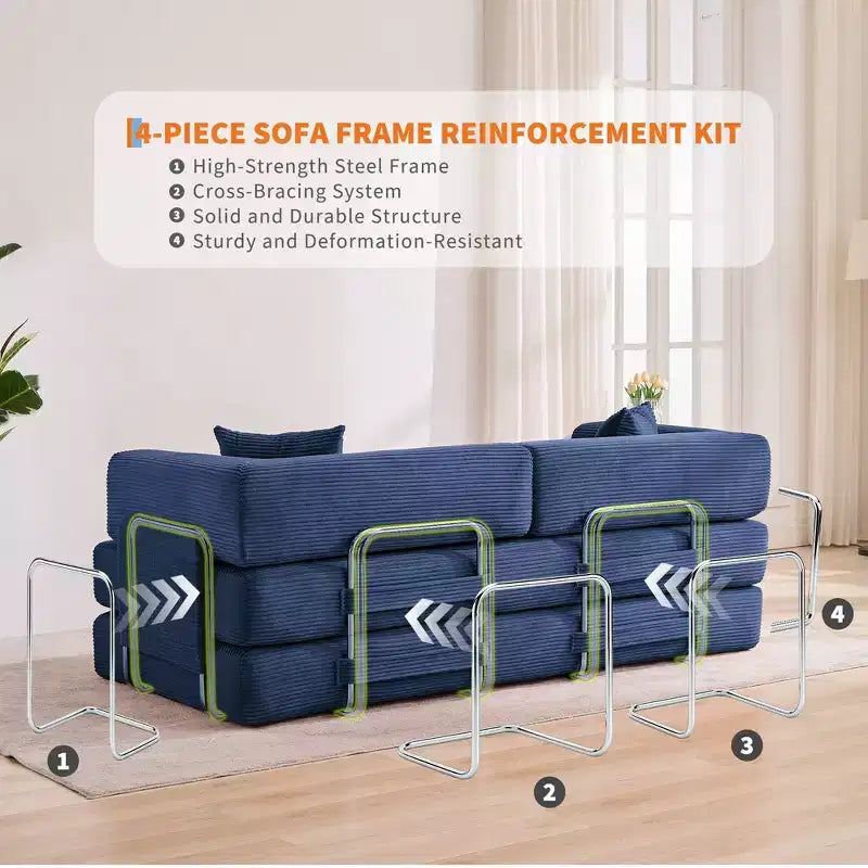 Divano Letto 5-in-1 Trasformabile in Velluto a Coste con Cuscini, Futon Pieghevole da 79" con Struttura Fissa e Braccioli Rimovibili per Piccoli Spazi, Nessun Montaggio
