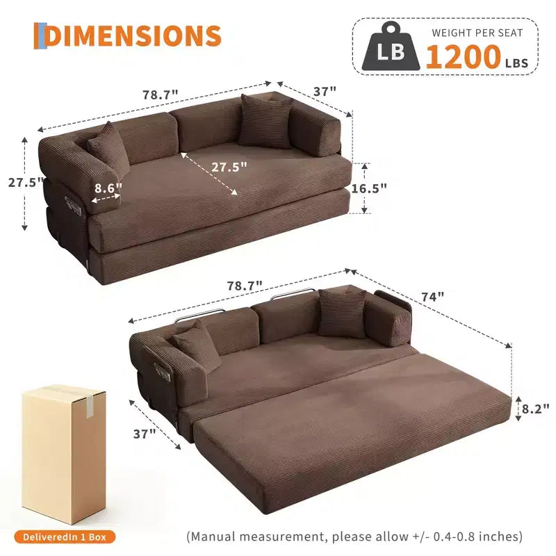 Divano Letto 5-in-1 Trasformabile in Velluto a Coste con Cuscini, Futon Pieghevole da 79" con Struttura Fissa e Braccioli Rimovibili per Piccoli Spazi, Nessun Montaggio