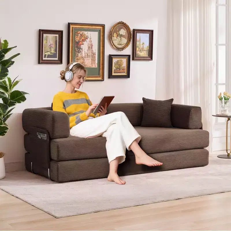 Divano Letto 5-in-1 Trasformabile in Velluto a Coste con Cuscini, Futon Pieghevole da 79" con Struttura Fissa e Braccioli Rimovibili per Piccoli Spazi, Nessun Montaggio