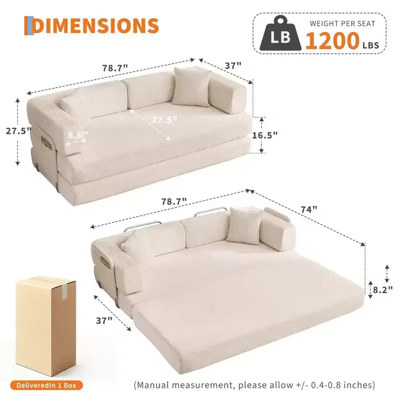 Divano Letto 5-in-1 Trasformabile in Velluto a Coste con Cuscini, Futon Pieghevole da 79" con Struttura Fissa e Braccioli Rimovibili per Piccoli Spazi, Nessun Montaggio