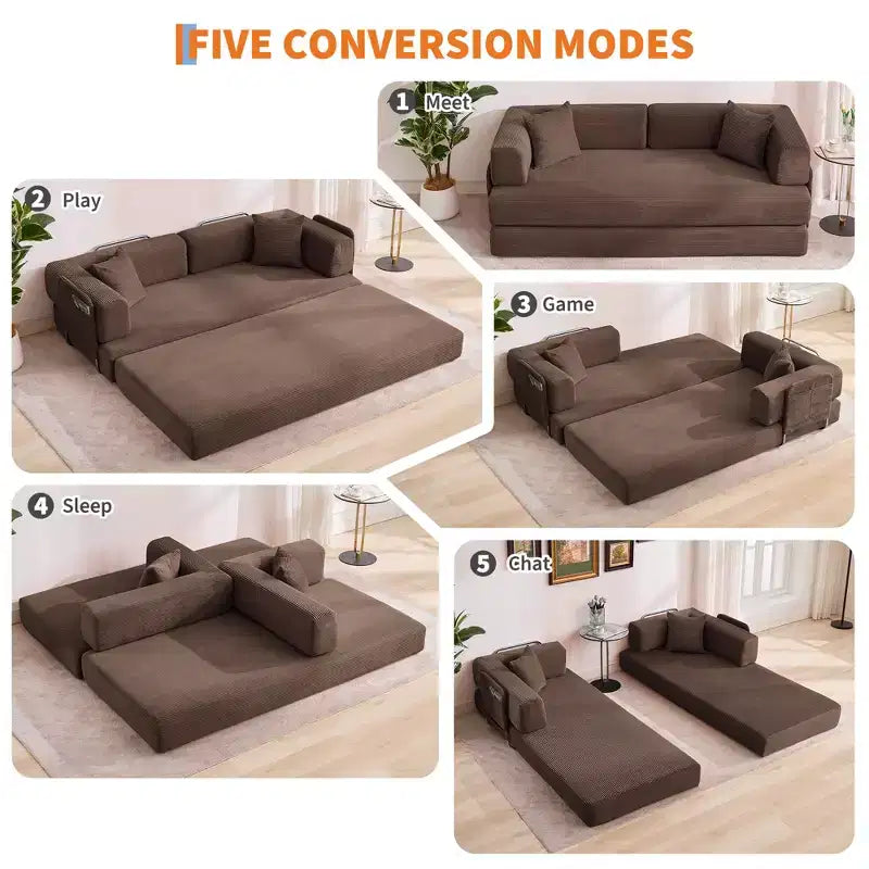 Divano Letto 5-in-1 Trasformabile in Velluto a Coste con Cuscini, Futon Pieghevole da 79" con Struttura Fissa e Braccioli Rimovibili per Piccoli Spazi, Nessun Montaggio