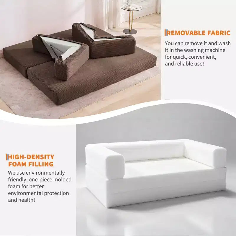 Divano Letto 5-in-1 Trasformabile in Velluto a Coste con Cuscini, Futon Pieghevole da 79" con Struttura Fissa e Braccioli Rimovibili per Piccoli Spazi, Nessun Montaggio