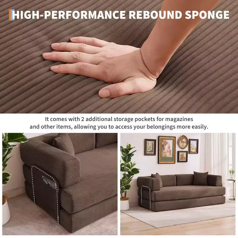 Divano Letto 5-in-1 Trasformabile in Velluto a Coste con Cuscini, Futon Pieghevole da 79" con Struttura Fissa e Braccioli Rimovibili per Piccoli Spazi, Nessun Montaggio