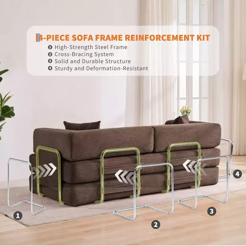 Divano Letto 5-in-1 Trasformabile in Velluto a Coste con Cuscini, Futon Pieghevole da 79" con Struttura Fissa e Braccioli Rimovibili per Piccoli Spazi, Nessun Montaggio