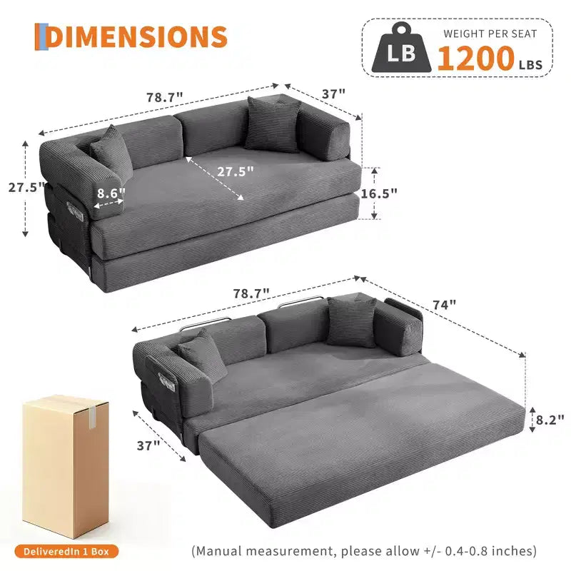 Divano Letto 5-in-1 Trasformabile in Velluto a Coste con Cuscini, Futon Pieghevole da 79" con Struttura Fissa e Braccioli Rimovibili per Piccoli Spazi, Nessun Montaggio