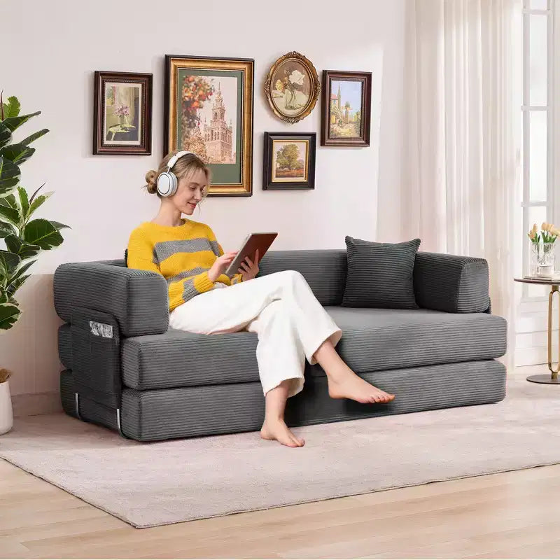 Divano Letto 5-in-1 Trasformabile in Velluto a Coste con Cuscini, Futon Pieghevole da 79" con Struttura Fissa e Braccioli Rimovibili per Piccoli Spazi, Nessun Montaggio
