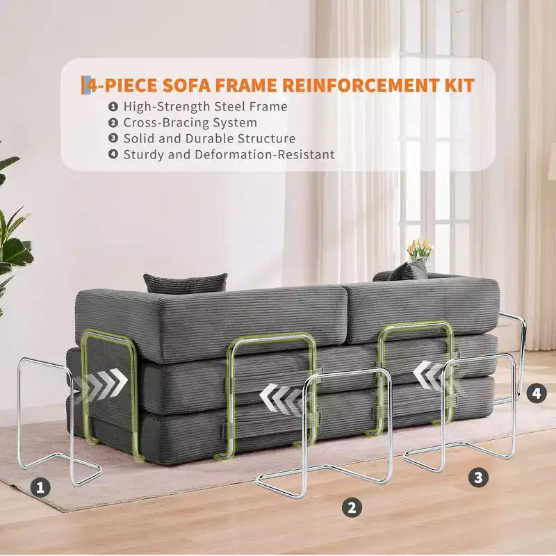 Divano Letto 5-in-1 Trasformabile in Velluto a Coste con Cuscini, Futon Pieghevole da 79" con Struttura Fissa e Braccioli Rimovibili per Piccoli Spazi, Nessun Montaggio
