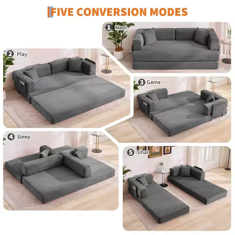 Divano Letto 5-in-1 Trasformabile in Velluto a Coste con Cuscini, Futon Pieghevole da 79" con Struttura Fissa e Braccioli Rimovibili per Piccoli Spazi, Nessun Montaggio