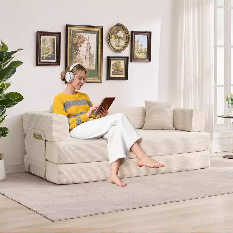 Divano Letto 5-in-1 Trasformabile in Velluto a Coste con Cuscini, Futon Pieghevole da 79" con Struttura Fissa e Braccioli Rimovibili per Piccoli Spazi, Nessun Montaggio