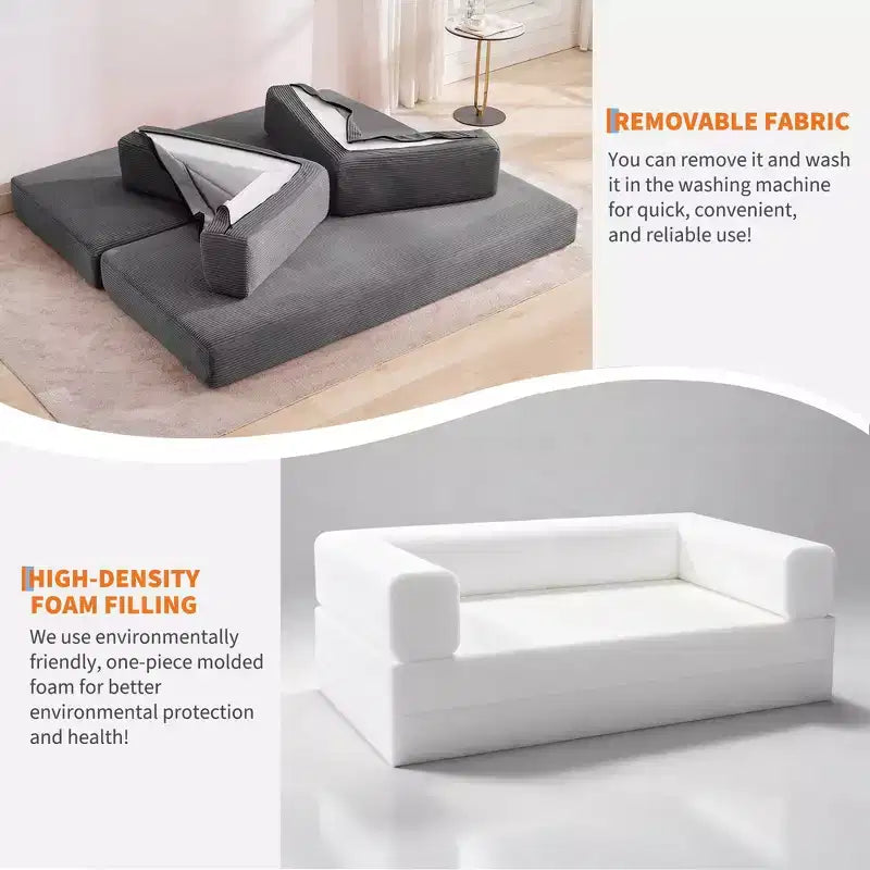 Divano Letto 5-in-1 Trasformabile in Velluto a Coste con Cuscini, Futon Pieghevole da 79" con Struttura Fissa e Braccioli Rimovibili per Piccoli Spazi, Nessun Montaggio