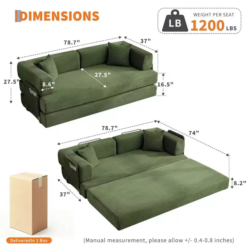 Divano Letto 5-in-1 Trasformabile in Velluto a Coste con Cuscini, Futon Pieghevole da 79" con Struttura Fissa e Braccioli Rimovibili per Piccoli Spazi, Nessun Montaggio