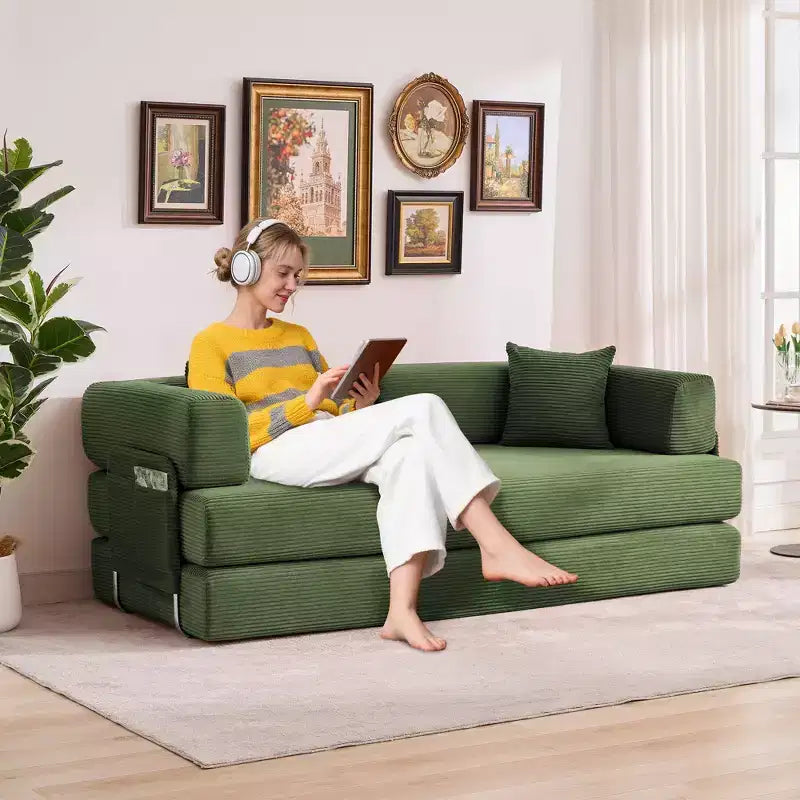 Divano Letto 5-in-1 Trasformabile in Velluto a Coste con Cuscini, Futon Pieghevole da 79" con Struttura Fissa e Braccioli Rimovibili per Piccoli Spazi, Nessun Montaggio