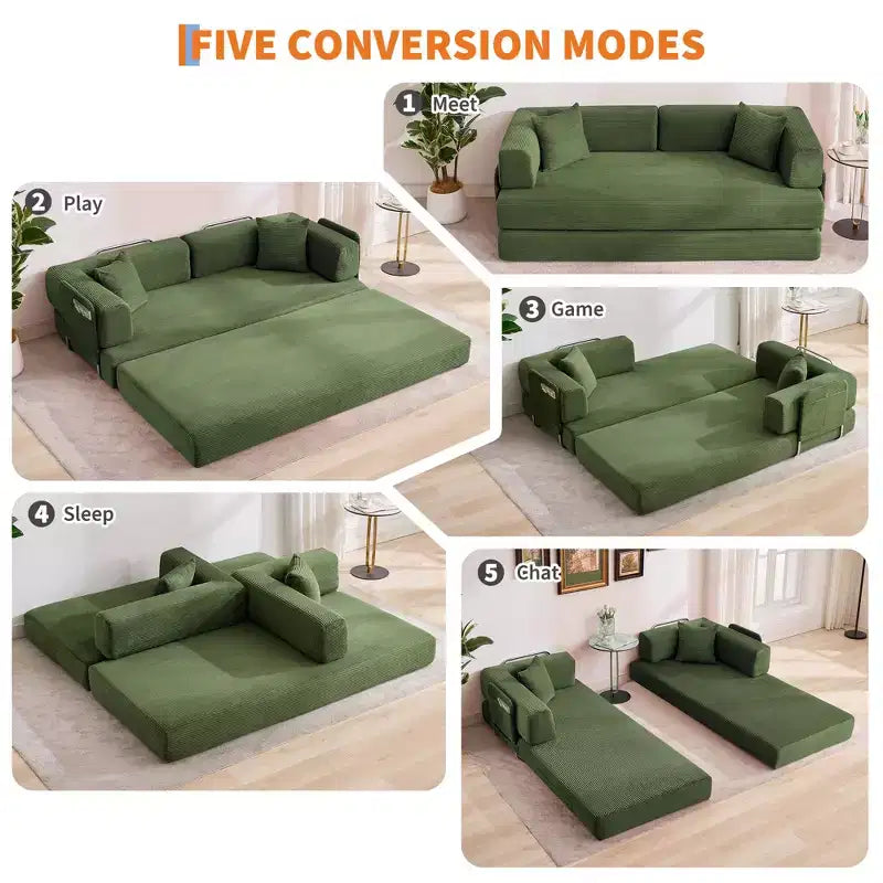 Divano Letto 5-in-1 Trasformabile in Velluto a Coste con Cuscini, Futon Pieghevole da 79" con Struttura Fissa e Braccioli Rimovibili per Piccoli Spazi, Nessun Montaggio