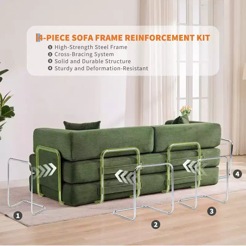 Divano Letto 5-in-1 Trasformabile in Velluto a Coste con Cuscini, Futon Pieghevole da 79" con Struttura Fissa e Braccioli Rimovibili per Piccoli Spazi, Nessun Montaggio