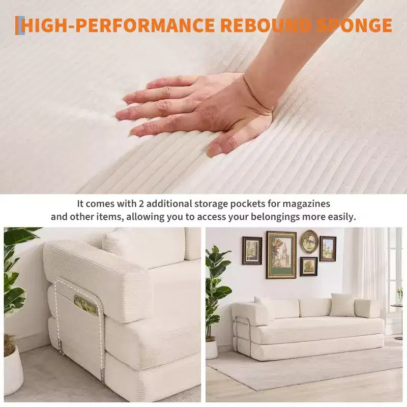 Divano Letto 5-in-1 Trasformabile in Velluto a Coste con Cuscini, Futon Pieghevole da 79" con Struttura Fissa e Braccioli Rimovibili per Piccoli Spazi, Nessun Montaggio