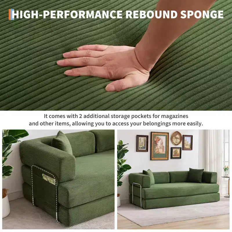 Divano Letto 5-in-1 Trasformabile in Velluto a Coste con Cuscini, Futon Pieghevole da 79" con Struttura Fissa e Braccioli Rimovibili per Piccoli Spazi, Nessun Montaggio