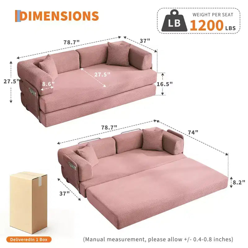 Divano Letto 5-in-1 Trasformabile in Velluto a Coste con Cuscini, Futon Pieghevole da 79" con Struttura Fissa e Braccioli Rimovibili per Piccoli Spazi, Nessun Montaggio