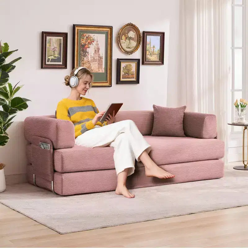 Divano Letto 5-in-1 Trasformabile in Velluto a Coste con Cuscini, Futon Pieghevole da 79" con Struttura Fissa e Braccioli Rimovibili per Piccoli Spazi, Nessun Montaggio