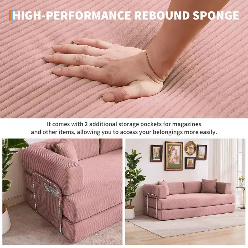 Divano Letto 5-in-1 Trasformabile in Velluto a Coste con Cuscini, Futon Pieghevole da 79" con Struttura Fissa e Braccioli Rimovibili per Piccoli Spazi, Nessun Montaggio