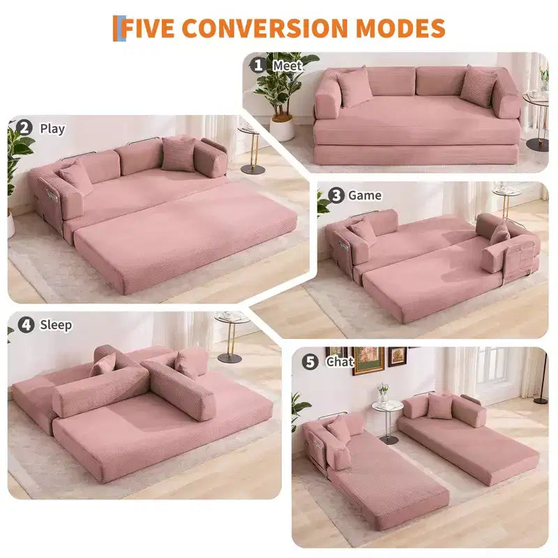 Divano Letto 5-in-1 Trasformabile in Velluto a Coste con Cuscini, Futon Pieghevole da 79" con Struttura Fissa e Braccioli Rimovibili per Piccoli Spazi, Nessun Montaggio