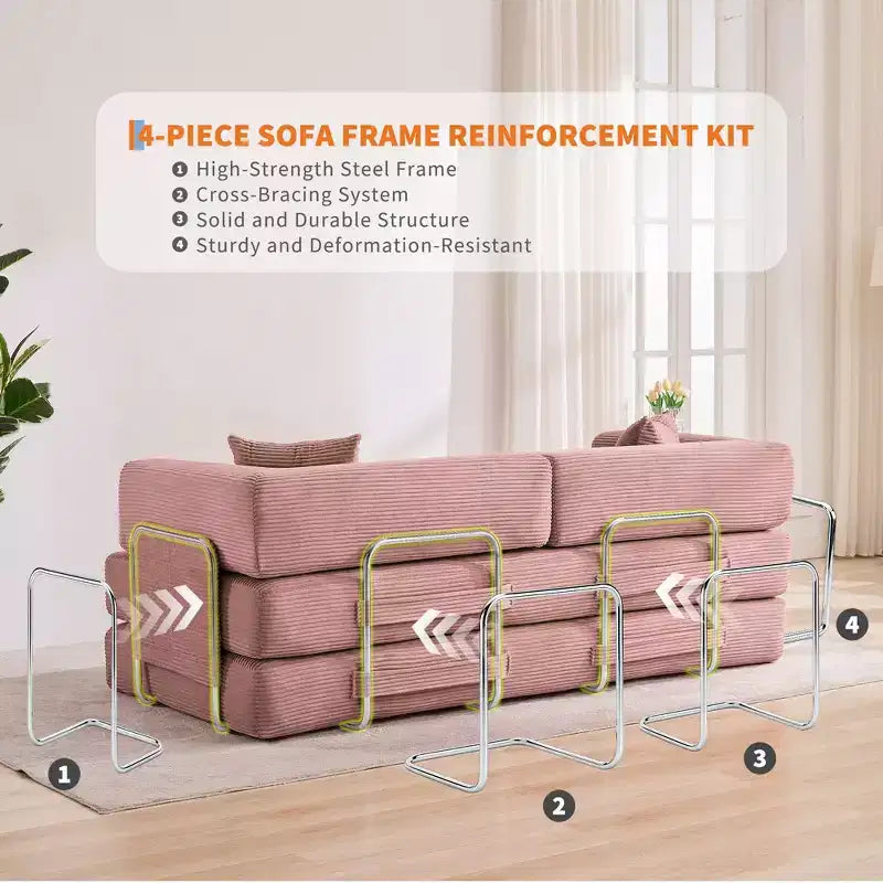 Divano Letto 5-in-1 Trasformabile in Velluto a Coste con Cuscini, Futon Pieghevole da 79" con Struttura Fissa e Braccioli Rimovibili per Piccoli Spazi, Nessun Montaggio