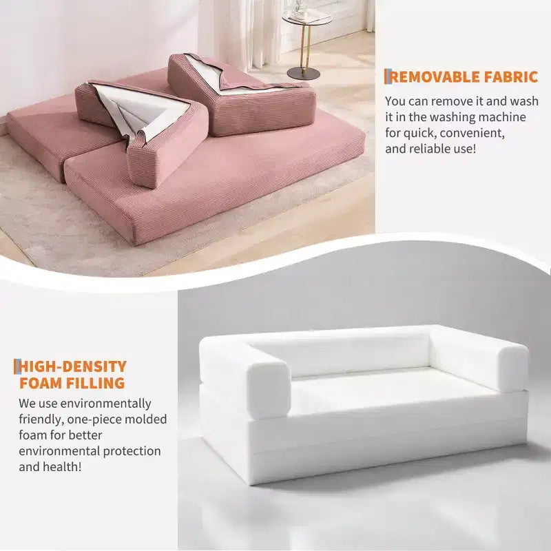 Divano Letto 5-in-1 Trasformabile in Velluto a Coste con Cuscini, Futon Pieghevole da 79" con Struttura Fissa e Braccioli Rimovibili per Piccoli Spazi, Nessun Montaggio