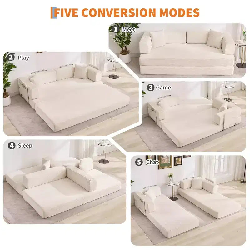 Divano Letto 5-in-1 Trasformabile in Velluto a Coste con Cuscini, Futon Pieghevole da 79" con Struttura Fissa e Braccioli Rimovibili per Piccoli Spazi, Nessun Montaggio