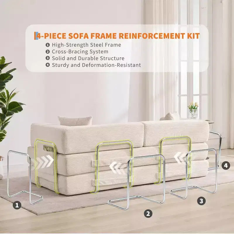 Divano Letto 5-in-1 Trasformabile in Velluto a Coste con Cuscini, Futon Pieghevole da 79" con Struttura Fissa e Braccioli Rimovibili per Piccoli Spazi, Nessun Montaggio
