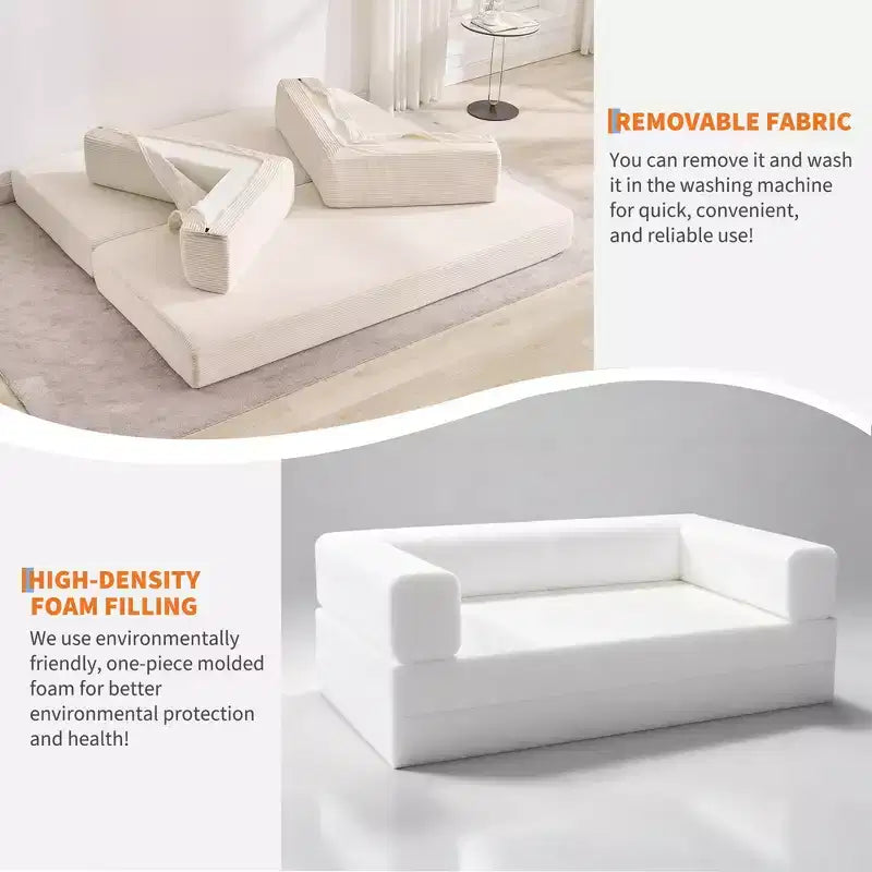Divano Letto 5-in-1 Trasformabile in Velluto a Coste con Cuscini, Futon Pieghevole da 79" con Struttura Fissa e Braccioli Rimovibili per Piccoli Spazi, Nessun Montaggio