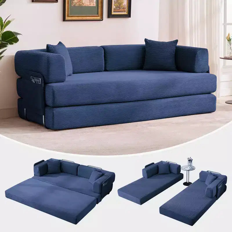 Divano Letto 5-in-1 Trasformabile in Velluto a Coste con Cuscini, Futon Pieghevole da 79" con Struttura Fissa e Braccioli Rimovibili per Piccoli Spazi, Nessun Montaggio
