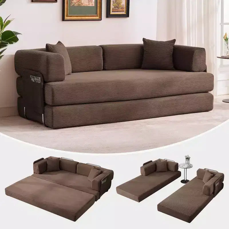 Divano Letto 5-in-1 Trasformabile in Velluto a Coste con Cuscini, Futon Pieghevole da 79" con Struttura Fissa e Braccioli Rimovibili per Piccoli Spazi, Nessun Montaggio