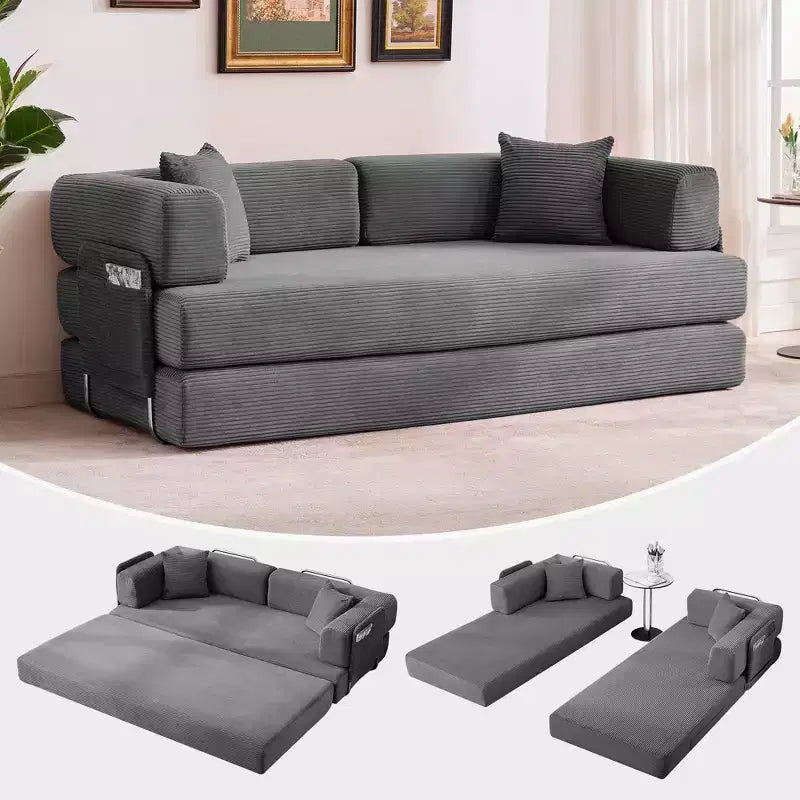 Divano Letto 5-in-1 Trasformabile in Velluto a Coste con Cuscini, Futon Pieghevole da 79" con Struttura Fissa e Braccioli Rimovibili per Piccoli Spazi, Nessun Montaggio