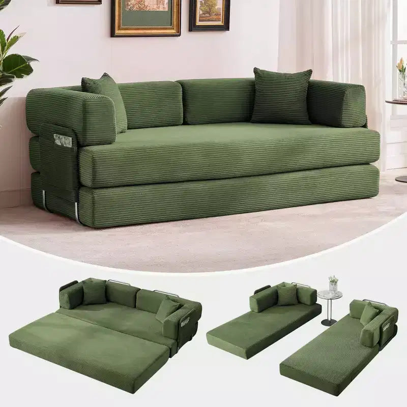 Divano Letto 5-in-1 Trasformabile in Velluto a Coste con Cuscini, Futon Pieghevole da 79" con Struttura Fissa e Braccioli Rimovibili per Piccoli Spazi, Nessun Montaggio