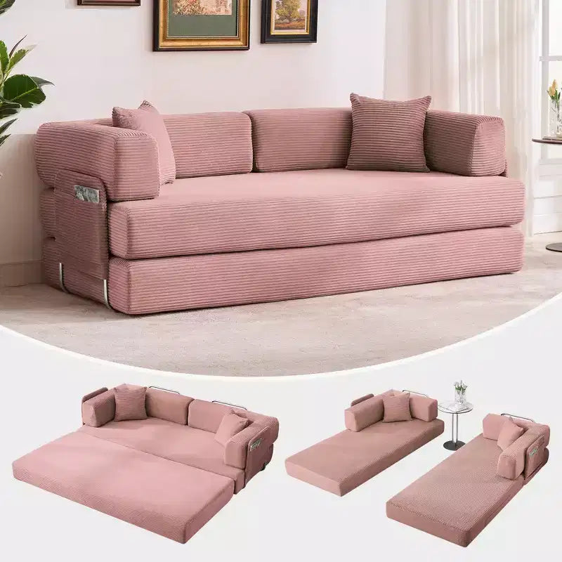 Divano Letto 5-in-1 Trasformabile in Velluto a Coste con Cuscini, Futon Pieghevole da 79" con Struttura Fissa e Braccioli Rimovibili per Piccoli Spazi, Nessun Montaggio