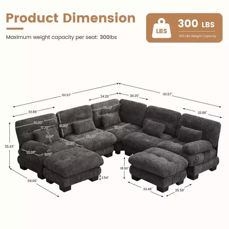 Hyleory 101.57 Divano Sezionale Modulare Oversize in ciniglia, Divano a U con Ottomana Mobile, Divano ad Angolo a 7 Posti per Soggiorno