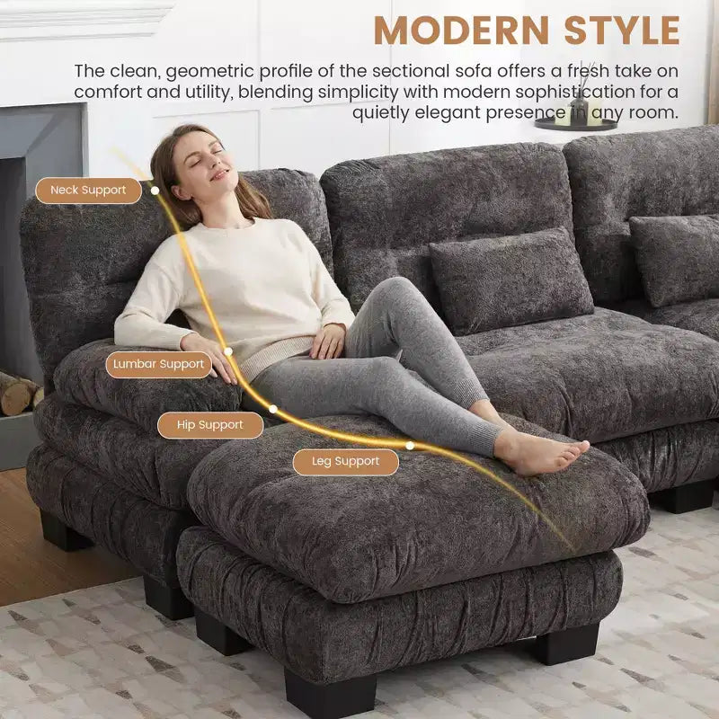 Hyleory 101.57 Divano Sezionale Modulare Oversize in ciniglia, Divano a U con Ottomana Mobile, Divano ad Angolo a 7 Posti per Soggiorno