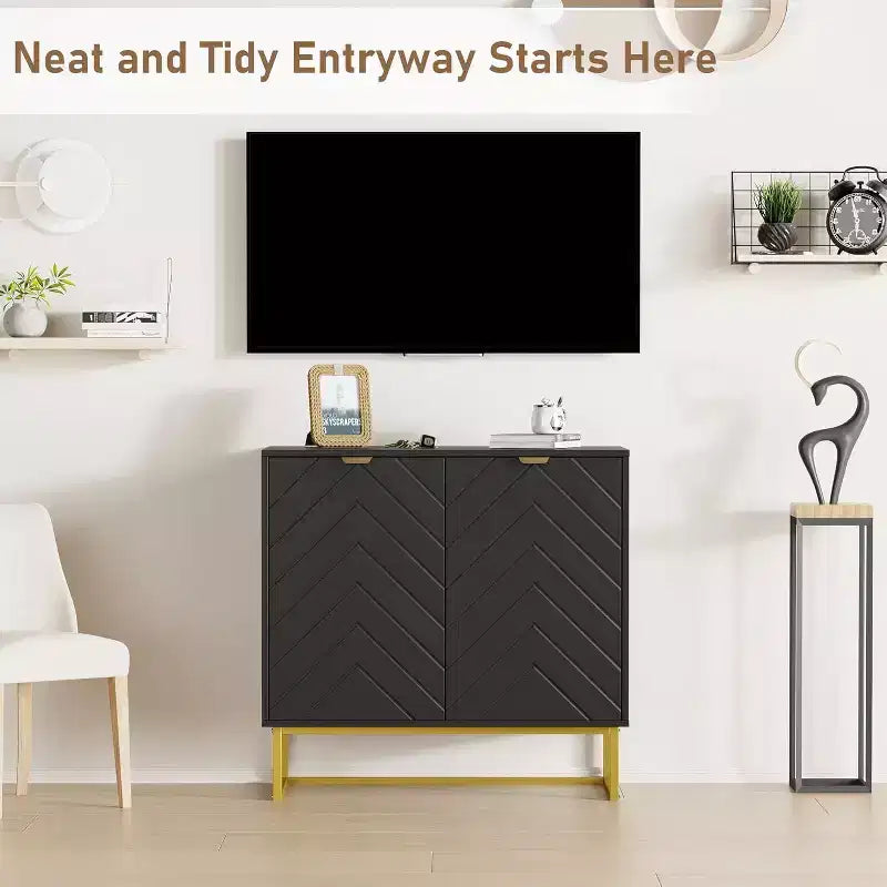 Mobile credenza a buffet moderno 2 pz. con ante a spina di pesce e ripiani, tavolo console per soggiorno/sala da pranzo, ingresso