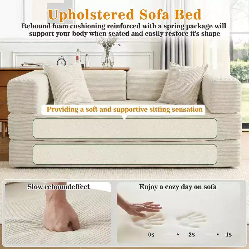 Dyonery Divano Futon Senza Braccioli da 198 cm con Struttura a Forma Fissa, Divano Letto Pieghevole 5 in 1, Divano Modulare Convertibile per Soggiorno, Velluto a Coste