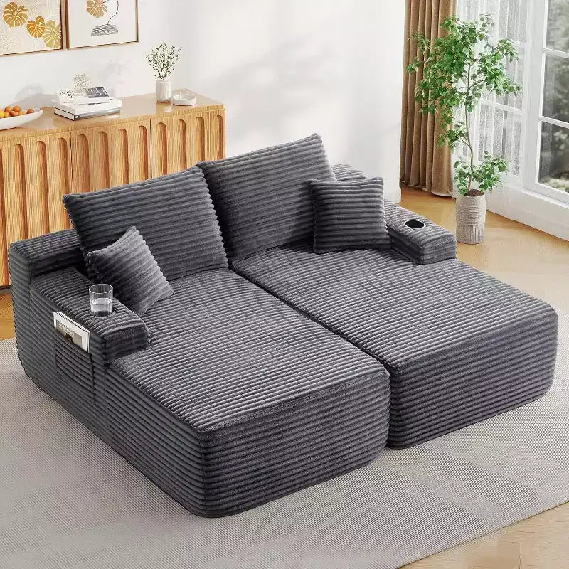 MooxvMoo Double Sectional Sofa, Chaise Lounge Couch Indoor with Deep Seat & Throw Pillow, No Assembly Required, Gray