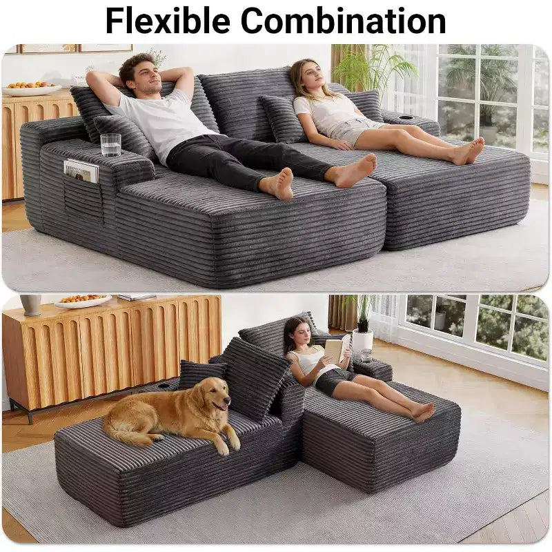 Divano sezionale doppio MooxvMoo, chaise longue da interno con seduta profonda e cuscino decorativo, nessun montaggio richiesto, grigio