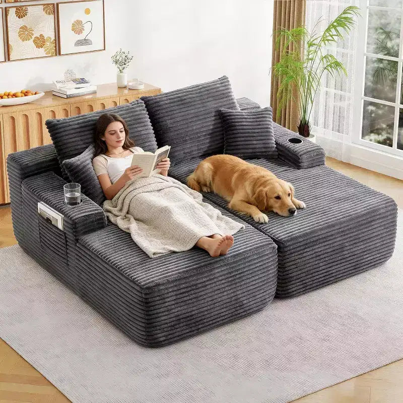 Divano sezionale doppio MooxvMoo, chaise longue da interno con seduta profonda e cuscino decorativo, nessun montaggio richiesto, grigio