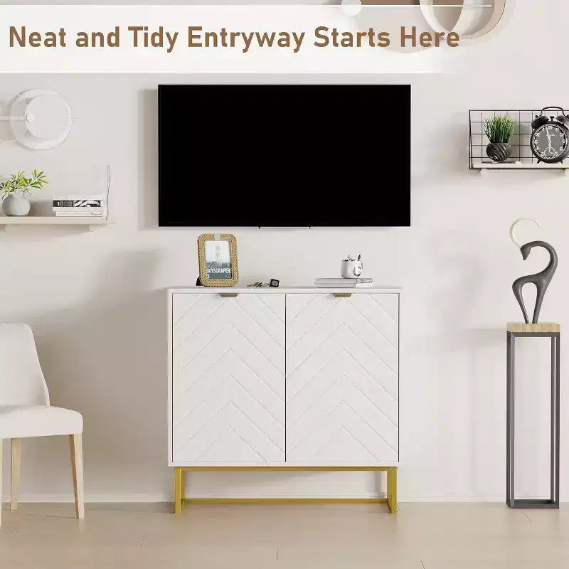 Madia credenza moderna in legno a spina di pesce da 31,5 W con maniglie dorate, tavolo console con 2 ante e ripiano per sala da pranzo e ingresso