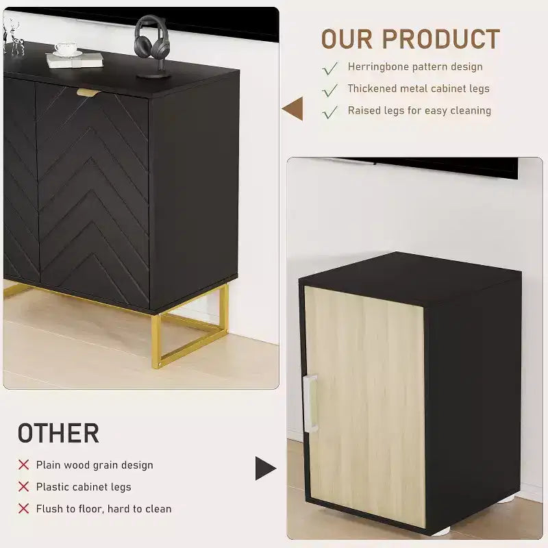 Madia credenza moderna in legno a spina di pesce da 31,5 W con maniglie dorate, tavolo console con 2 ante e ripiano per sala da pranzo e ingresso