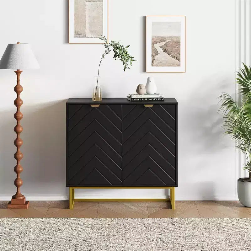 31.5W Modern Herringbone Wood Sideboard Buffet Cabinet with Gold Handles, 2-Door Credenza Console Table with Shelf for Dining Room and Entryway