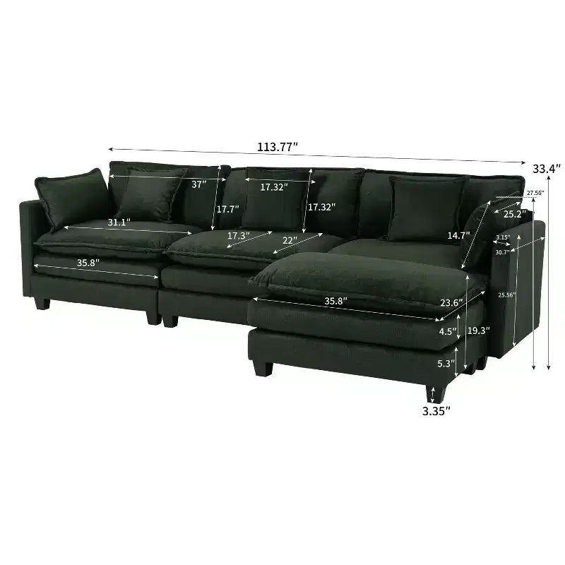 GDFStudio Fairmont 113.77 Divano componibile a 3 posti rivestito in ciniglia con pouf e cuscini lombari