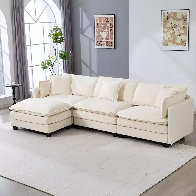 GDFStudio Fairmont 113.77 Divano componibile a 3 posti rivestito in ciniglia con pouf e cuscini lombari
