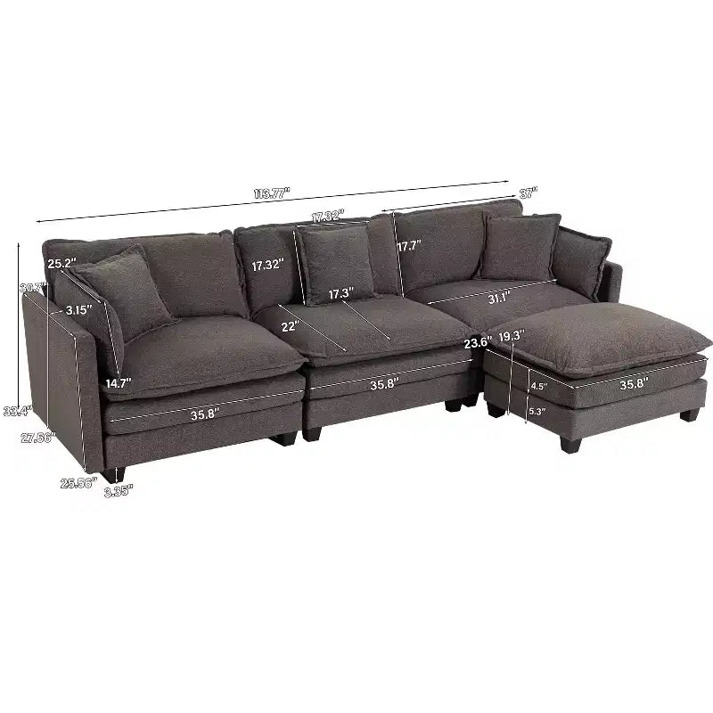 GDFStudio Fairmont 113.77 Divano componibile a 3 posti rivestito in ciniglia con pouf e cuscini lombari