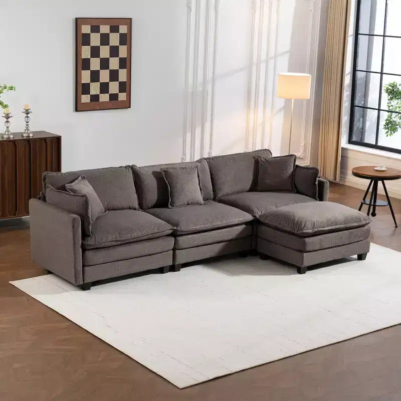 GDFStudio Fairmont 113.77 3-Seat Modular Chenille Upholstered Sectional Sofa with Ottoman and Waist Pillows
