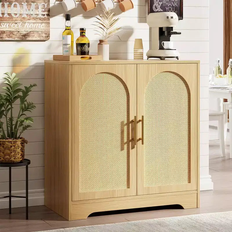 Madia moderna a buffet con 2 ante in rattan e ripiani, mobile credenza contenitore per soggiorno, sala da pranzo, cucina e ingresso