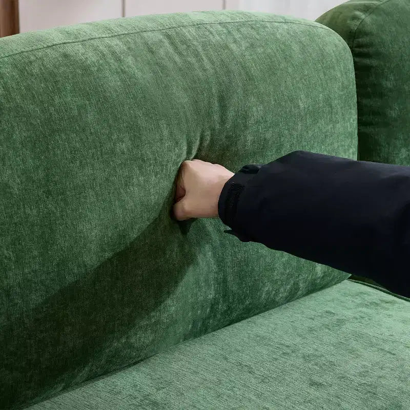 GDFStudio Divano Sezionale Moderno Hiroto a 4 Pezzi in Legno e Ciniglia con Gonna Rimovibile a Pieghe Arricciate e Braccioli Svasati